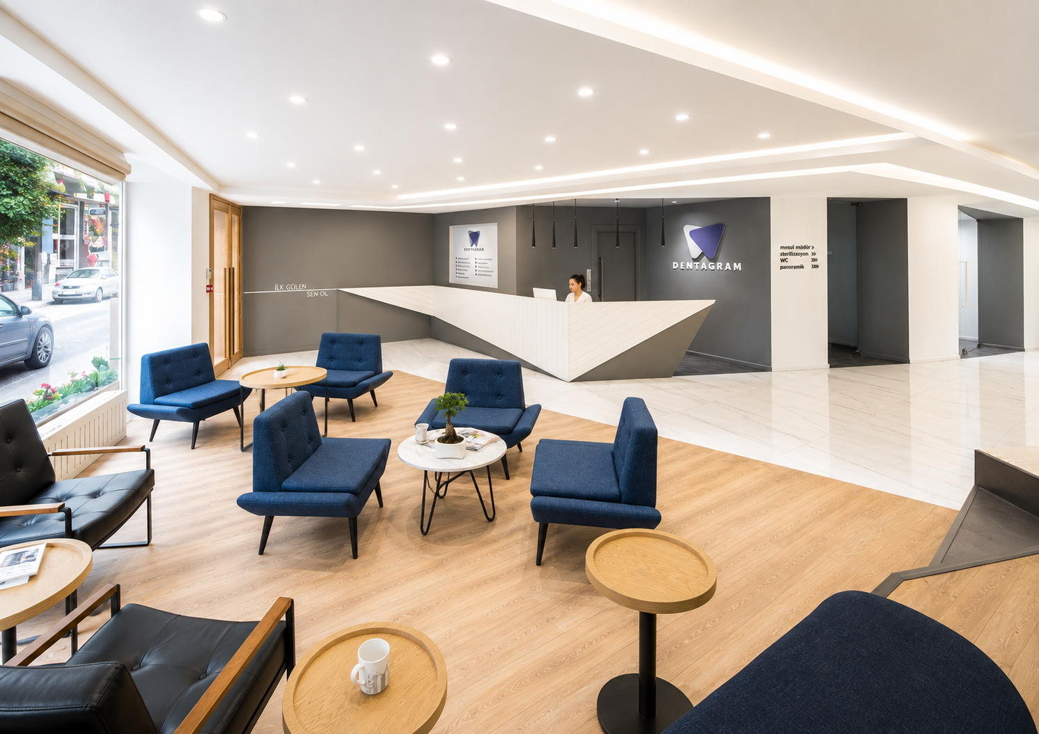 Dentagram İstanbul Şişli Mecidiyeköy diş kliniği modern hasta bekleme alanı